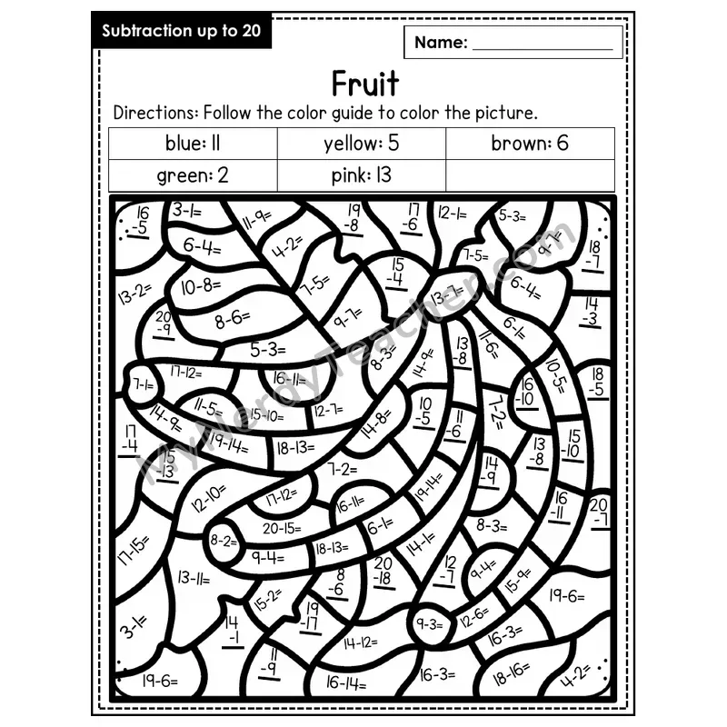 Subtraction to 20 Color by Number — Fruit (Page 2)