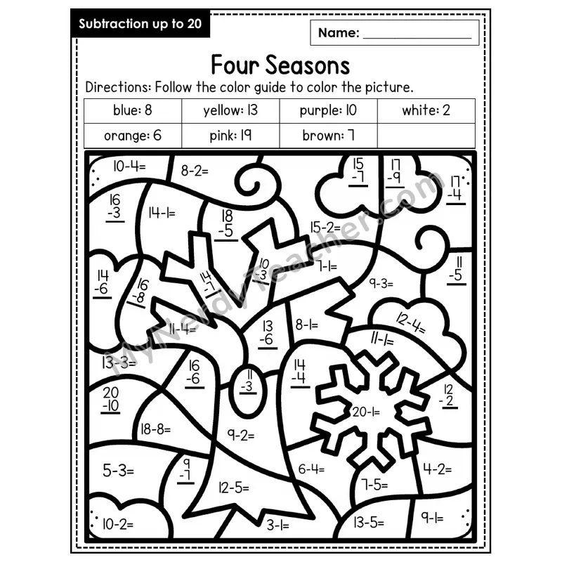 Subtraction to 20 Color by Number — Four Seasons (Page 7)