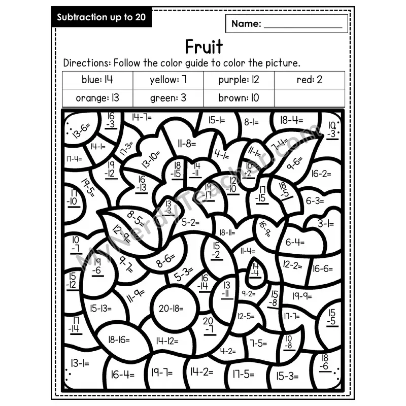 Subtraction to 20 Color by Number — Fruit (Page 1)