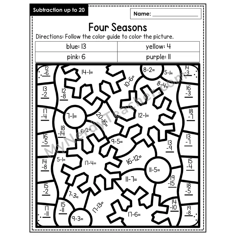 Subtraction to 20 Color by Number — Four Seasons (Page 8)