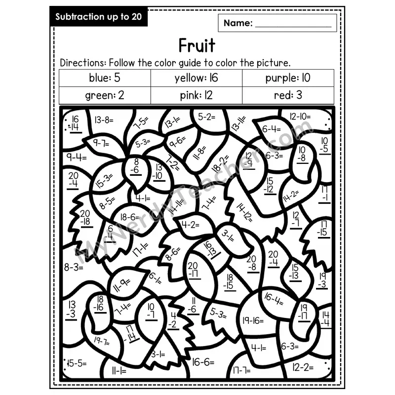 Subtraction to 20 Color by Number — Fruit (Page 7)