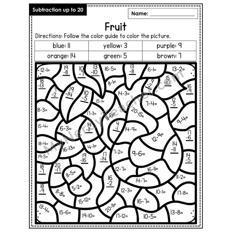 Subtraction to 20 Color by Number — Fruit (Page 5)