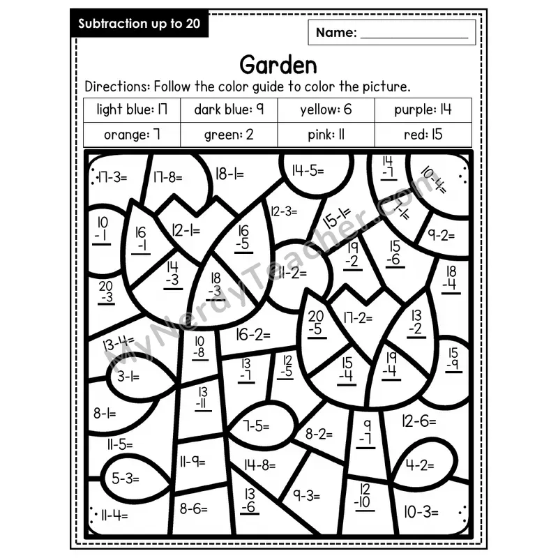Subtraction to 20 Color by Number — Garden (Page 1)