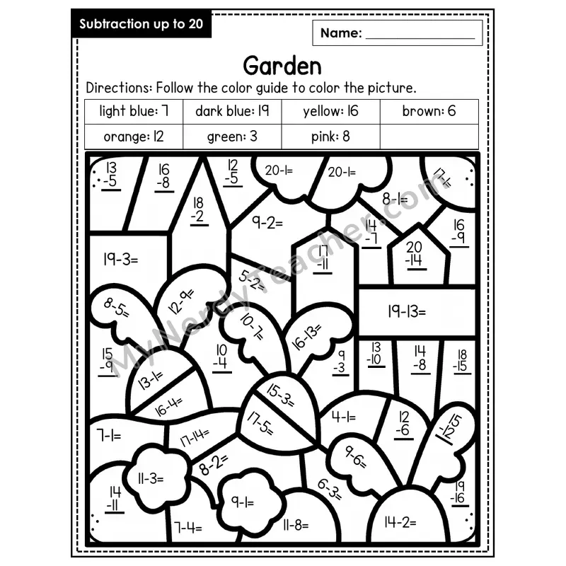 Subtraction to 20 Color by Number — Garden (Page 4)