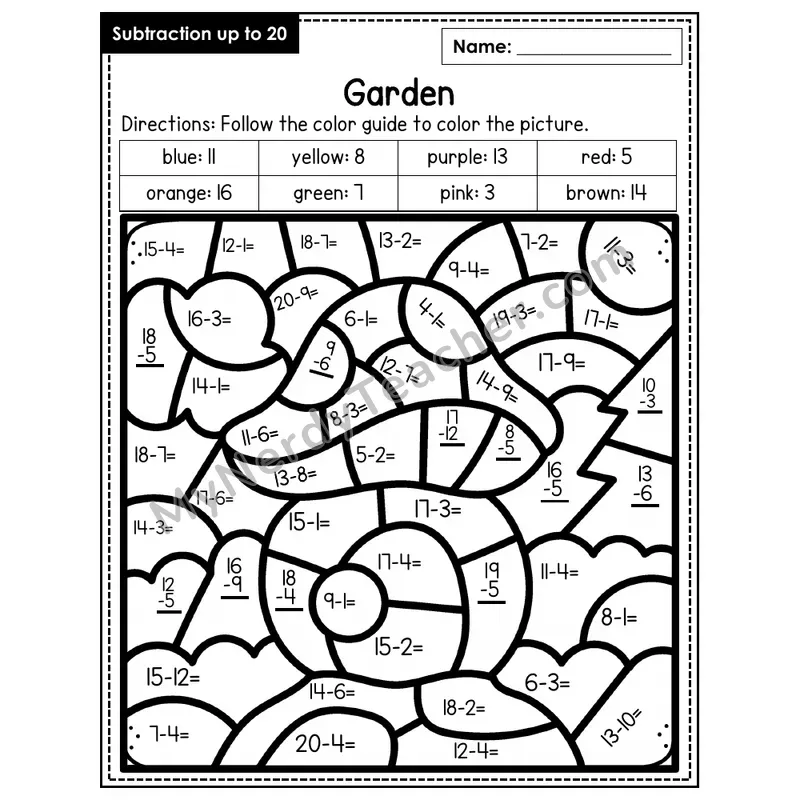 Subtraction to 20 Color by Number — Garden (Page 2)