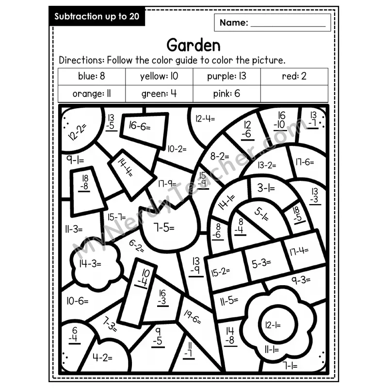 Subtraction to 20 Color by Number — Garden (Page 6)