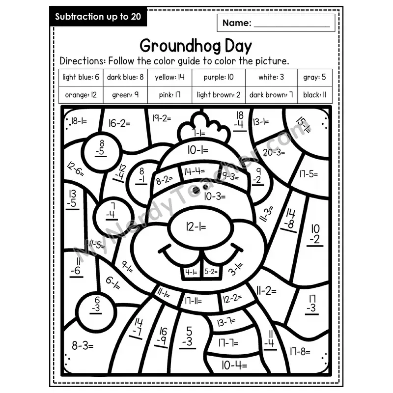 Subtraction to 20 Color by Number — Groundhog Day (Page 1)