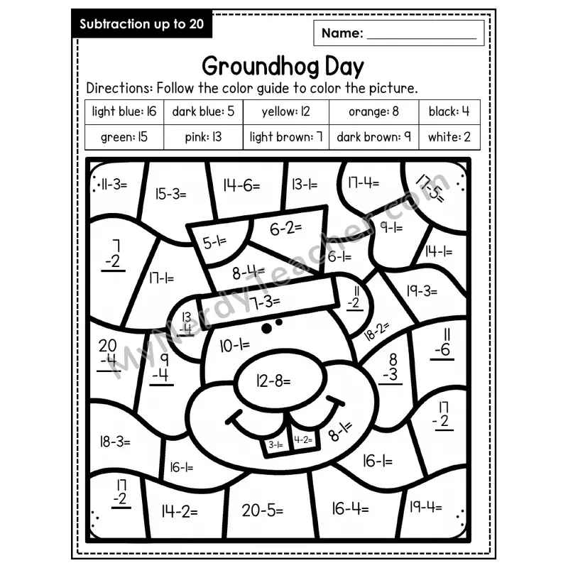 Subtraction to 20 Color by Number — Groundhog Day (Page 2)