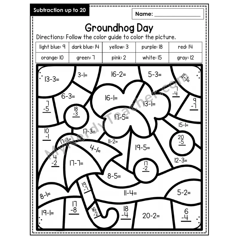 Subtraction to 20 Color by Number — Groundhog Day (Page 6)