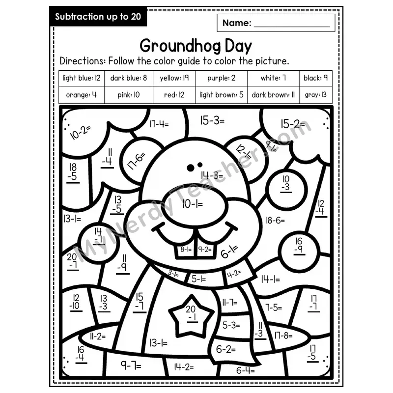 Subtraction to 20 Color by Number — Groundhog Day (Page 5)