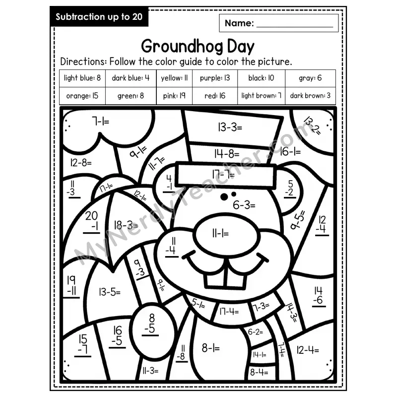 Subtraction to 20 Color by Number — Groundhog Day (Page 3)