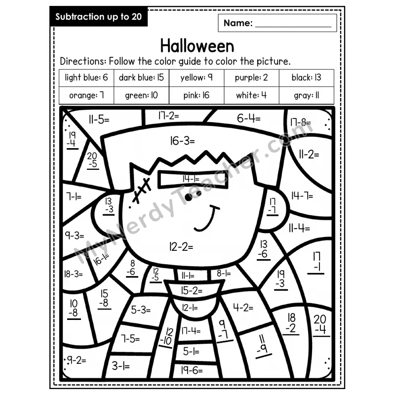 Subtraction to 20 Color by Number — Halloween (Page 1)