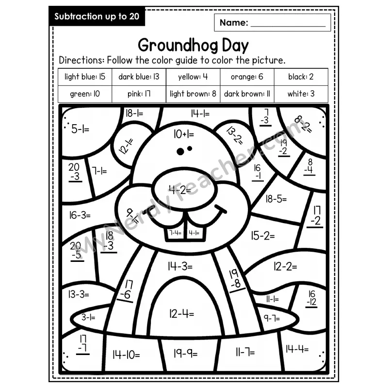 Subtraction to 20 Color by Number — Groundhog Day (Page 4)
