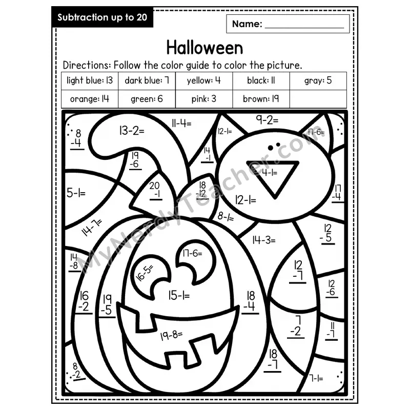 Subtraction to 20 Color by Number — Halloween (Page 3)