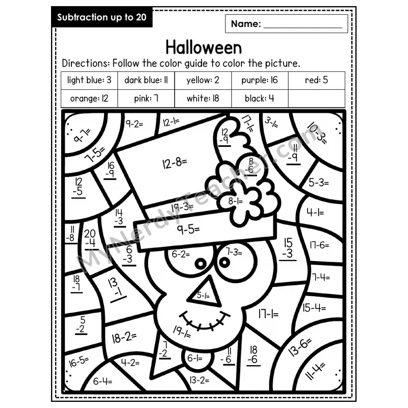 Subtraction to 20 Color by Number — Halloween (Page 4)