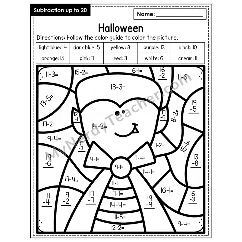 Subtraction to 20 Color by Number — Halloween (Page 6)