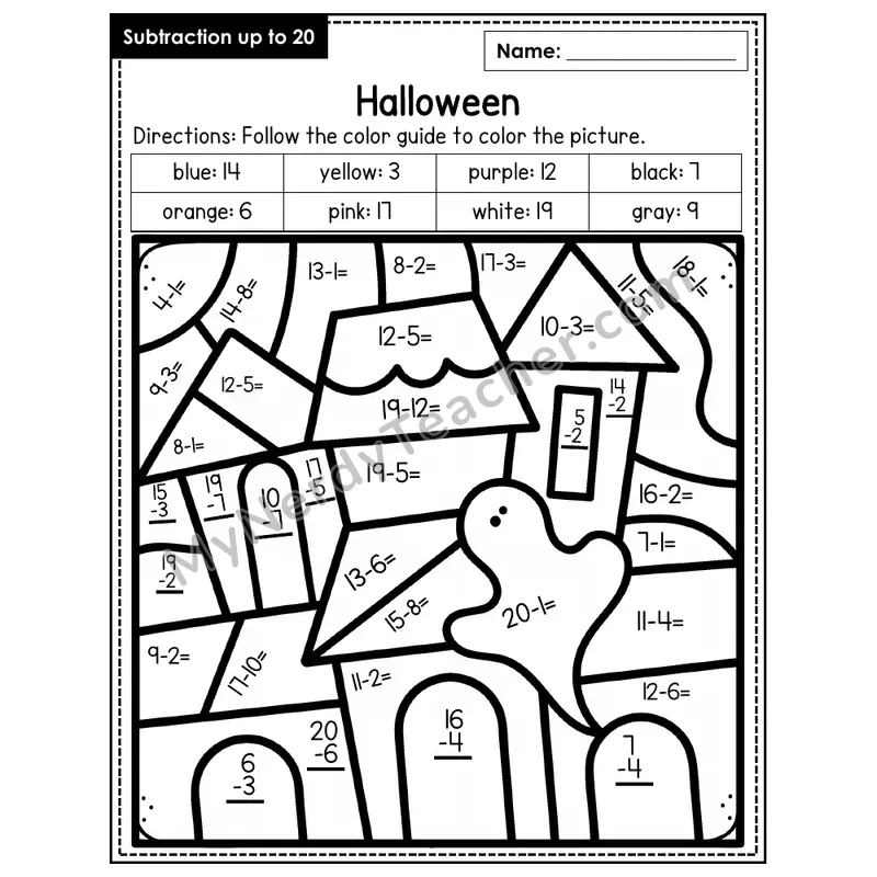 Subtraction to 20 Color by Number — Halloween (Page 2)
