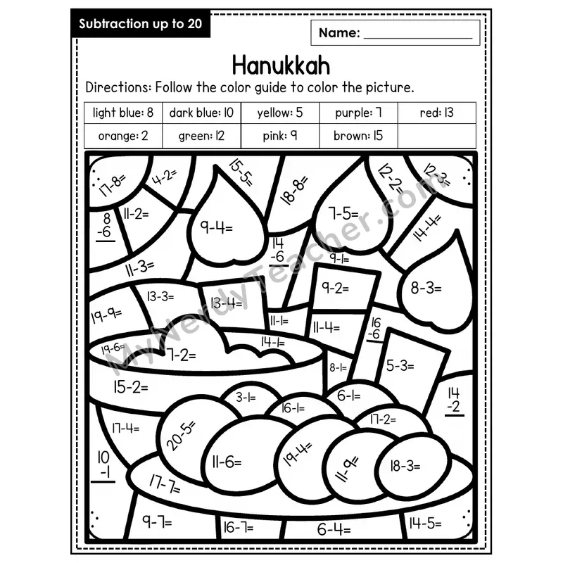 Subtraction to 20 Color by Number — Hanukkah (Page 1)