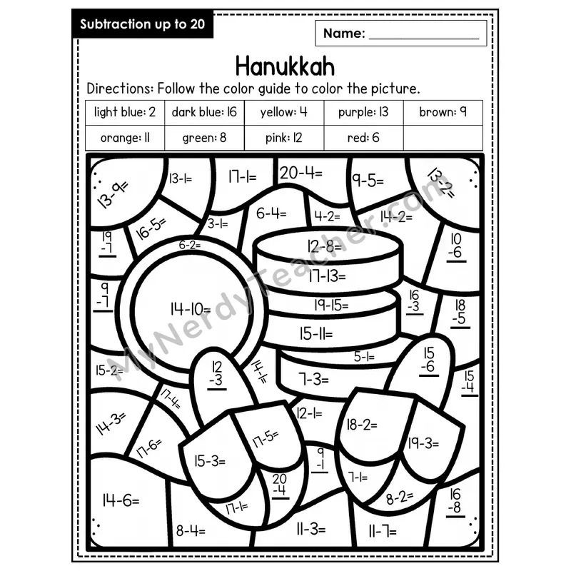 Subtraction to 20 Color by Number — Hanukkah (Page 3)