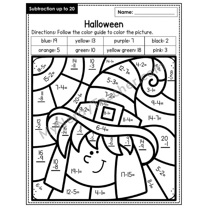 Subtraction to 20 Color by Number — Halloween (Page 7)