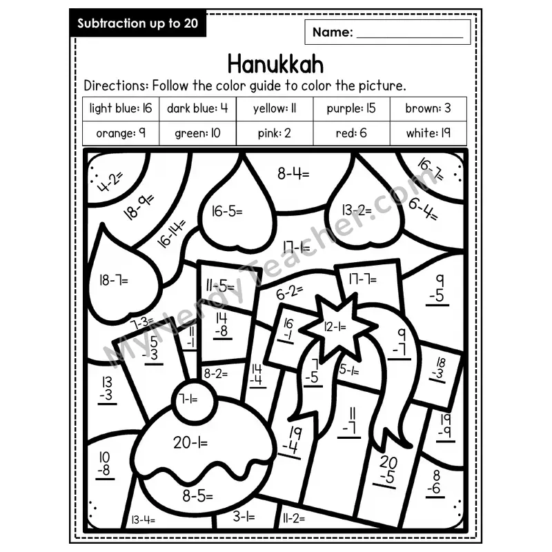 Subtraction to 20 Color by Number — Hanukkah (Page 2)