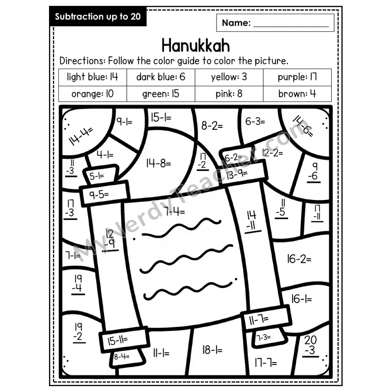 Subtraction to 20 Color by Number — Hanukkah (Page 8)