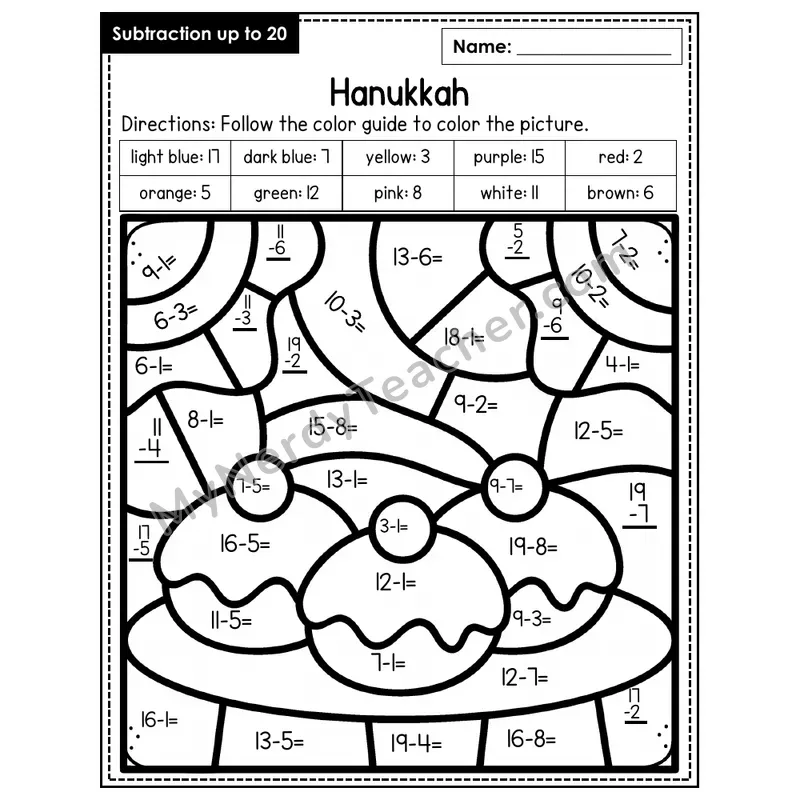 Subtraction to 20 Color by Number — Hanukkah (Page 7)