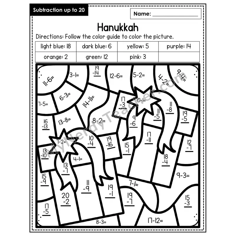 Subtraction to 20 Color by Number — Hanukkah (Page 4)
