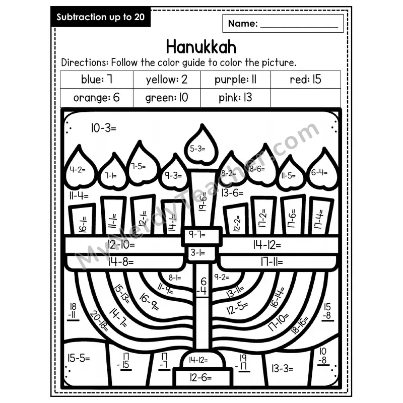 Subtraction to 20 Color by Number — Hanukkah (Page 5)