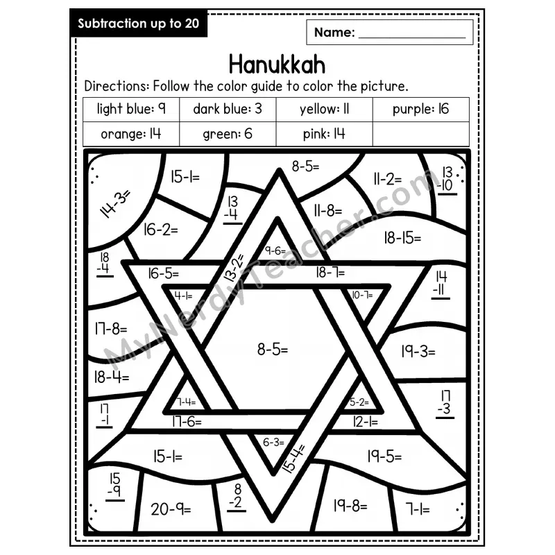 Subtraction to 20 Color by Number — Hanukkah (Page 6)