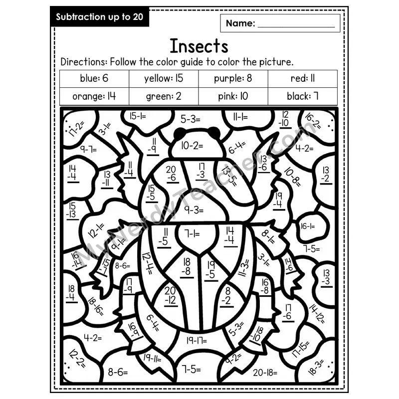 Subtraction to 20 Color by Number — Insects (Page 2)
