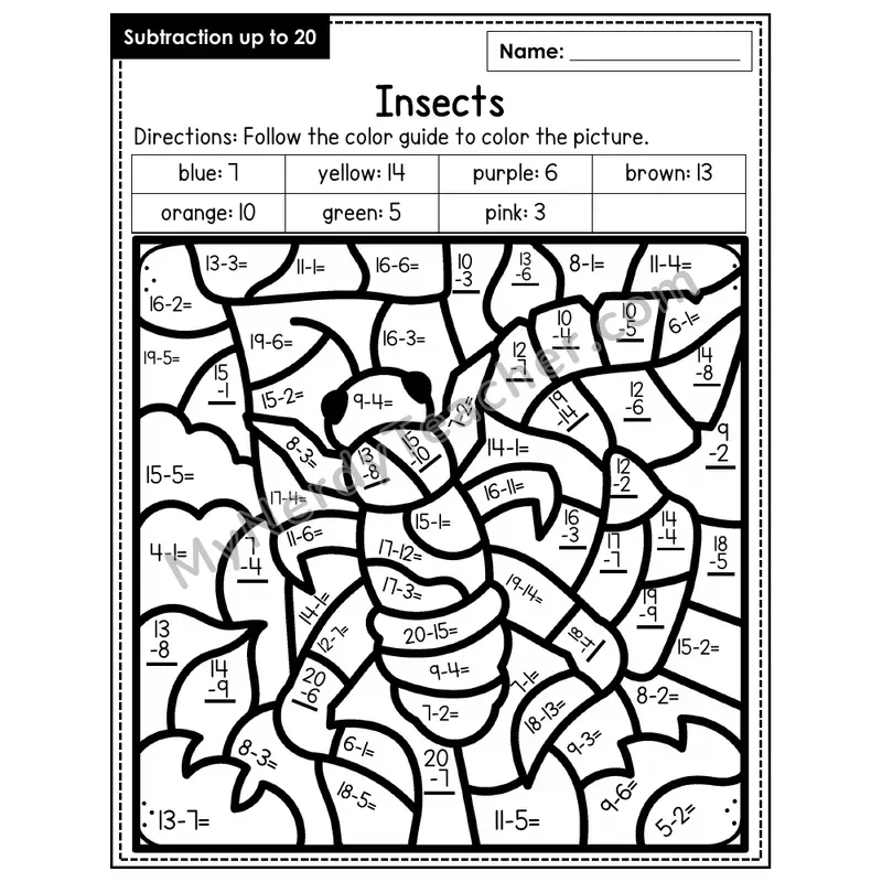 Subtraction to 20 Color by Number — Insects (Page 5)