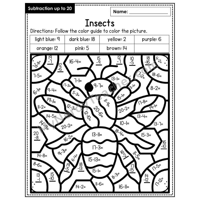 Subtraction to 20 Color by Number — Insects (Page 1)