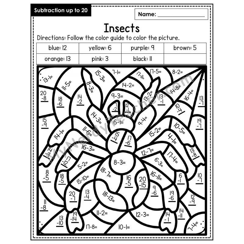 Subtraction to 20 Color by Number — Insects (Page 7)