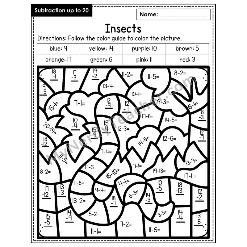 Subtraction to 20 Color by Number — Insects (Page 8)