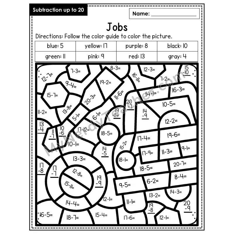 Subtraction to 20 Color by Number — Jobs (Page 1)