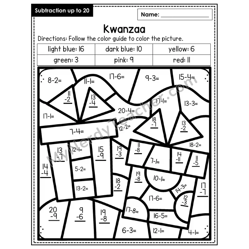 Subtraction to 20 Color by Number — Kwanzaa (Page 1)