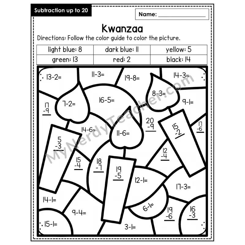 Subtraction to 20 Color by Number — Kwanzaa (Page 5)
