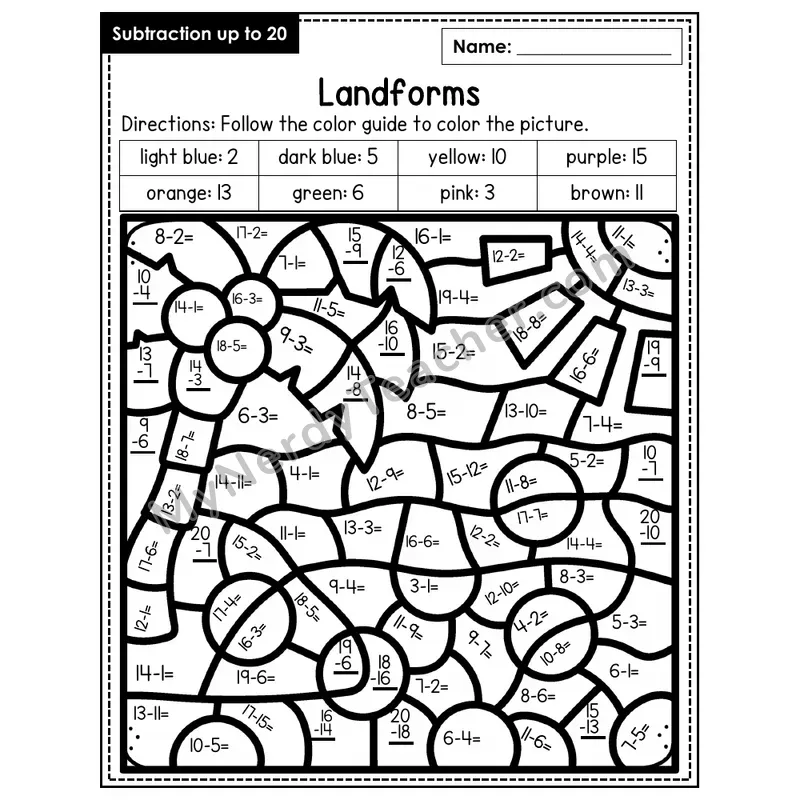 Subtraction to 20 Color by Number — Landforms (Page 1)