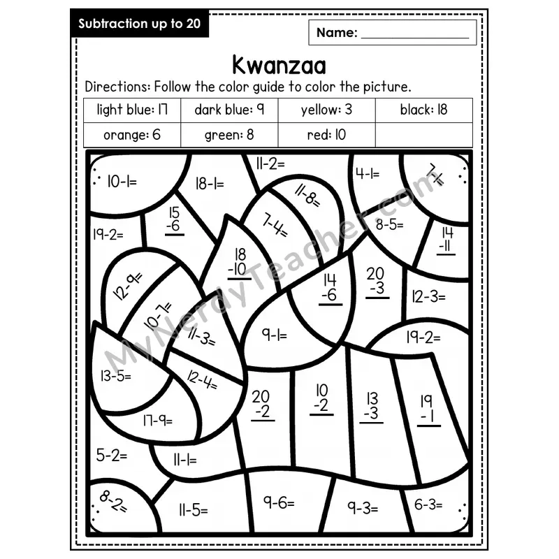 Subtraction to 20 Color by Number — Kwanzaa (Page 6)