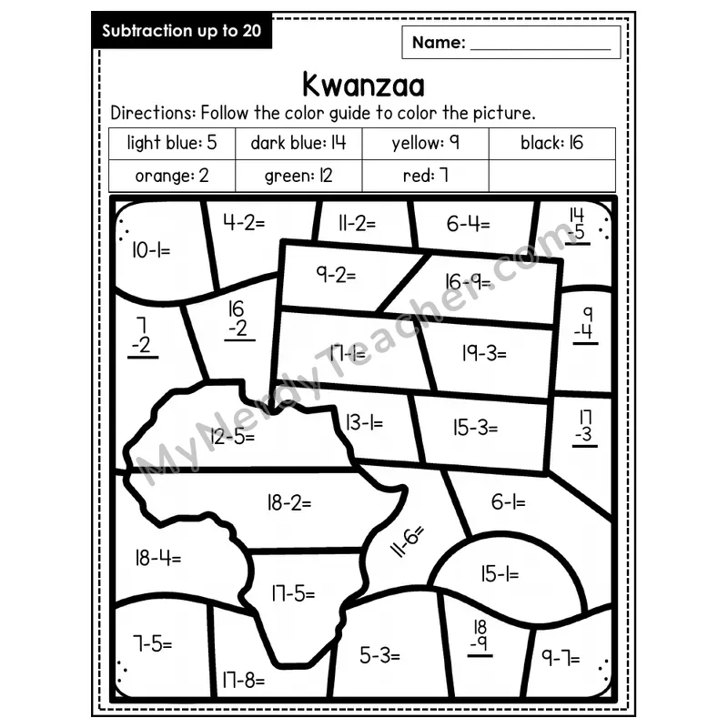 Subtraction to 20 Color by Number — Kwanzaa (Page 7)