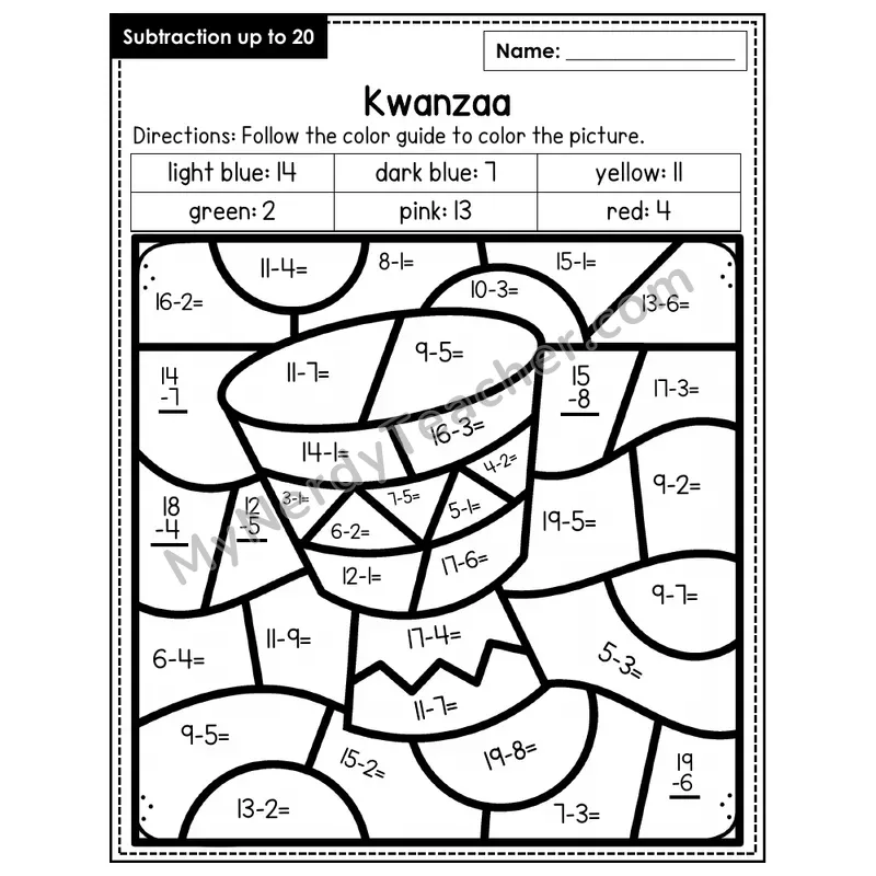 Subtraction to 20 Color by Number — Kwanzaa (Page 8)