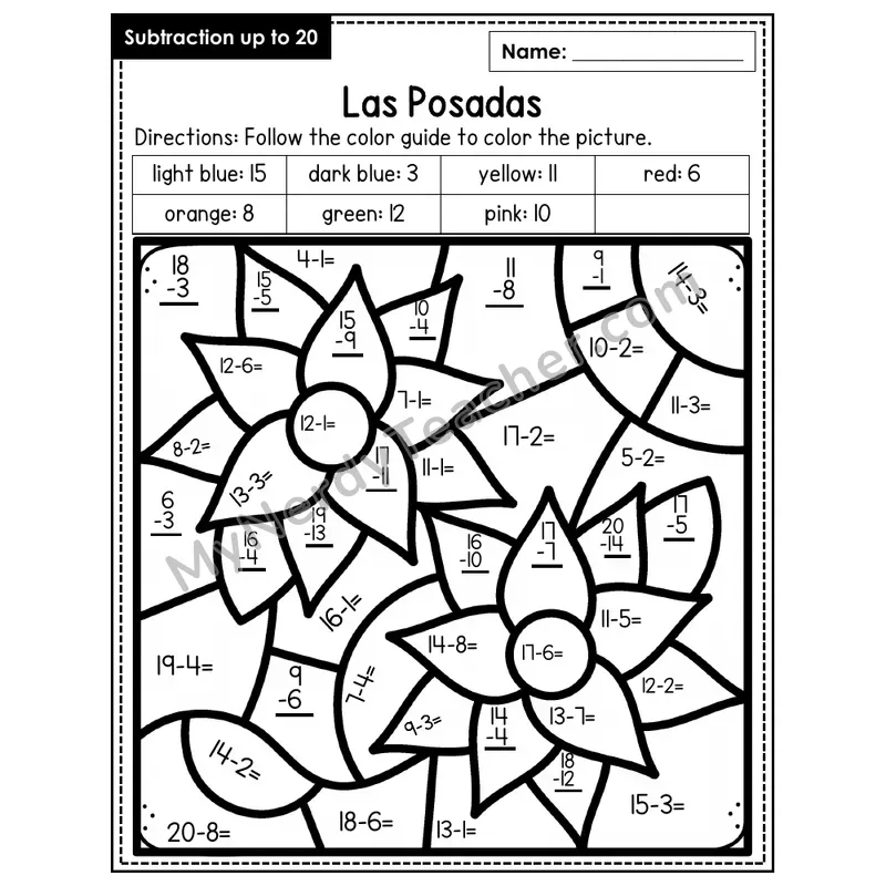 Subtraction to 20 Color by Number — Las Posadas (Page 2)