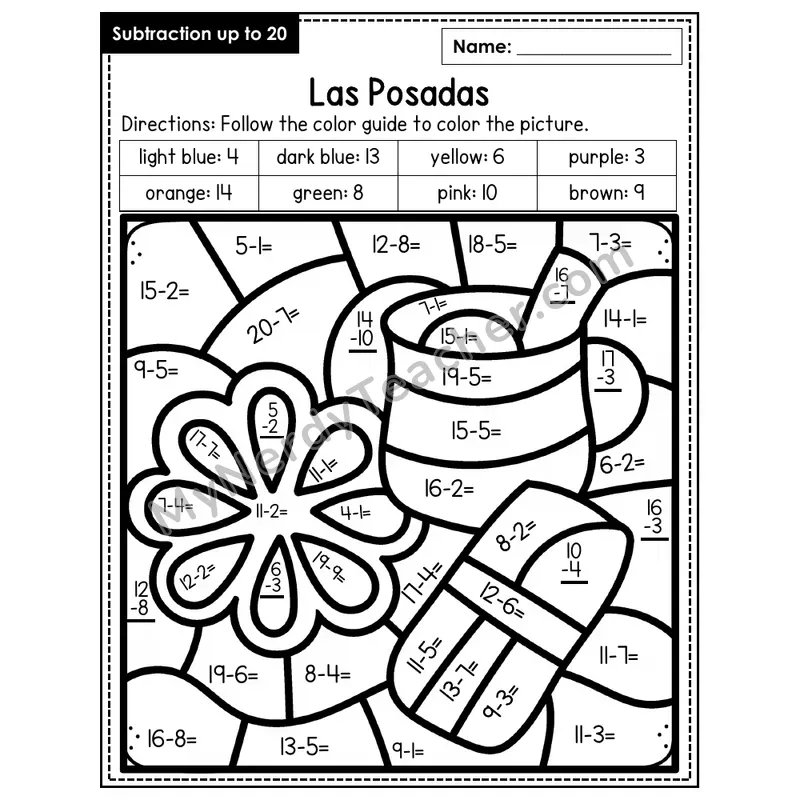 Subtraction to 20 Color by Number — Las Posadas (Page 1)