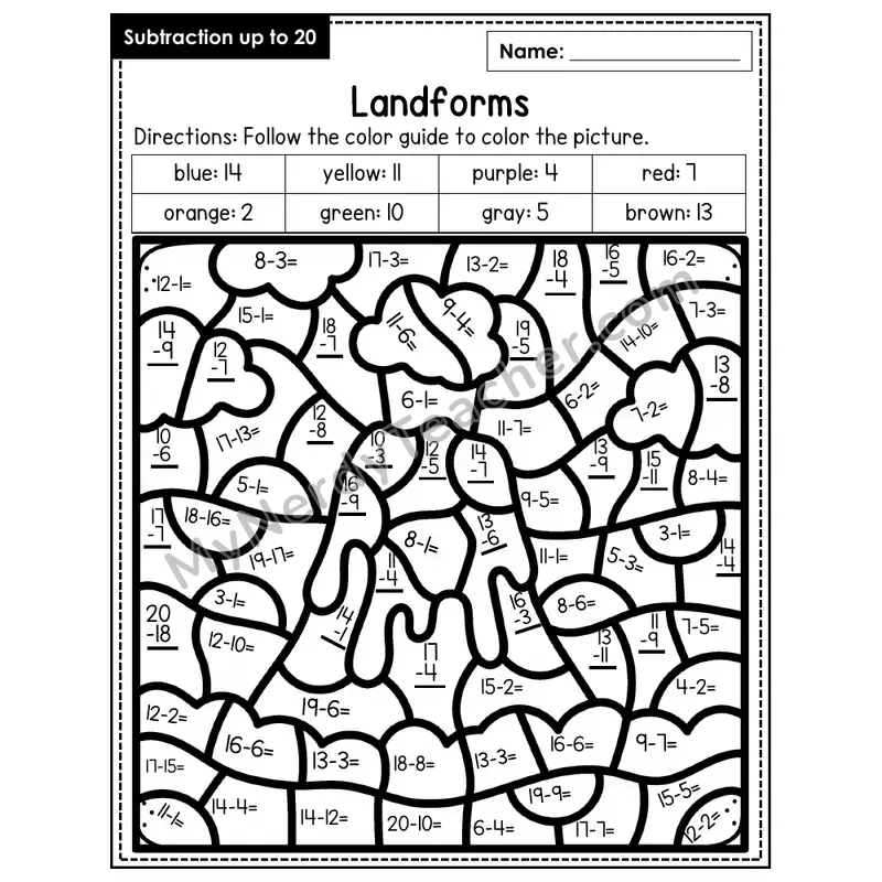 Subtraction to 20 Color by Number — Landforms (Page 7)
