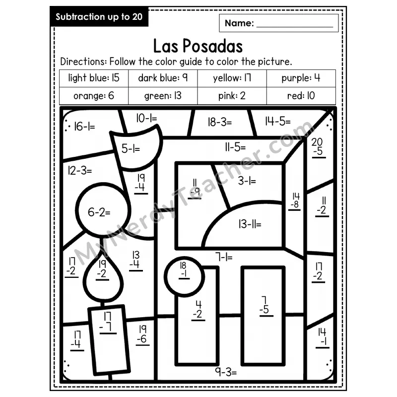 Subtraction to 20 Color by Number — Las Posadas (Page 4)
