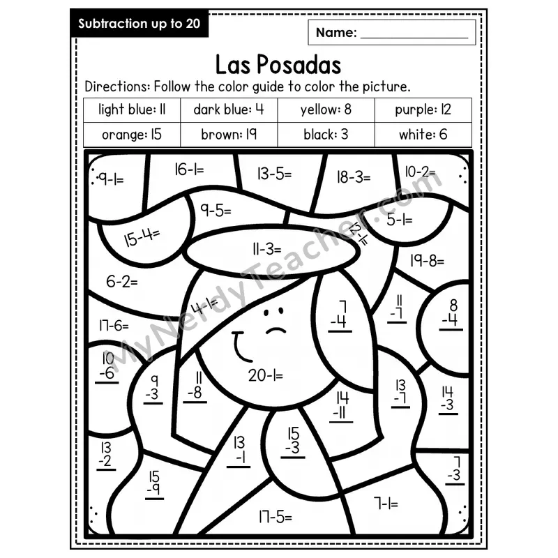 Subtraction to 20 Color by Number — Las Posadas (Page 8)