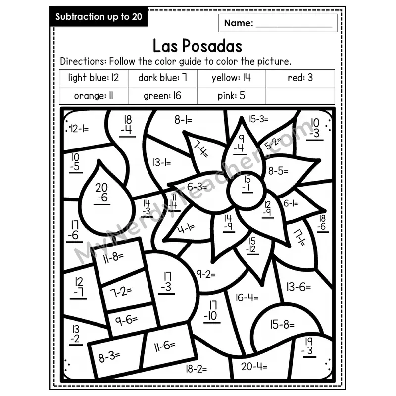Subtraction to 20 Color by Number — Las Posadas (Page 6)
