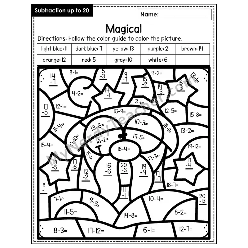 Subtraction to 20 Color by Number — Magical (Page 5)
