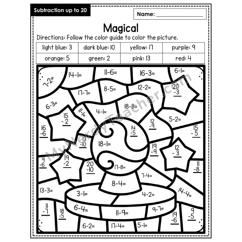 Subtraction to 20 Color by Number — Magical (Page 3)